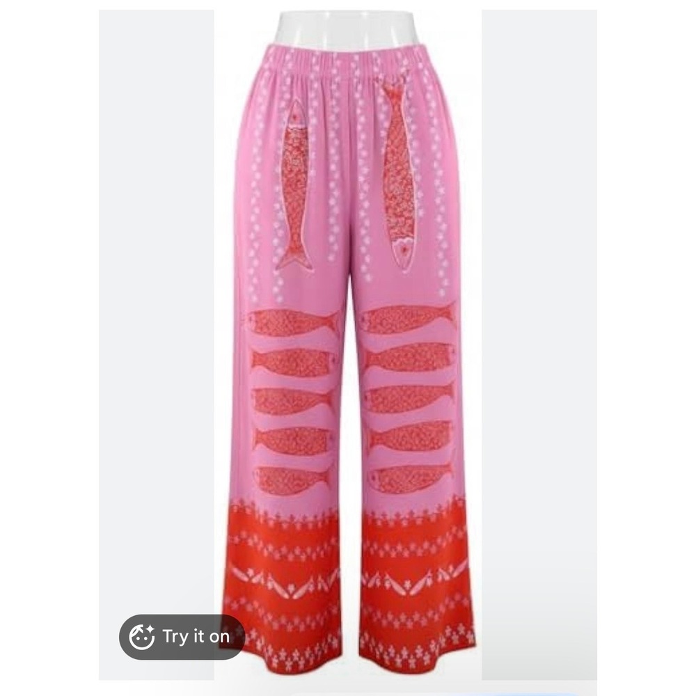 Pink Sardine Fish Print Wide Leg Pants Womens Elastic Graphic Trousers